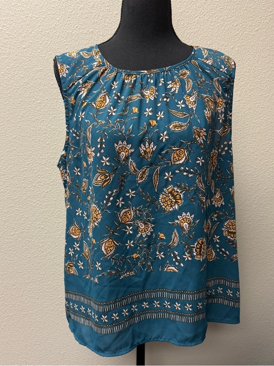 Les Serein Teal Floral Blouse Sleeveless Boho Lightweight Top Size Large - Picture 3 of 12